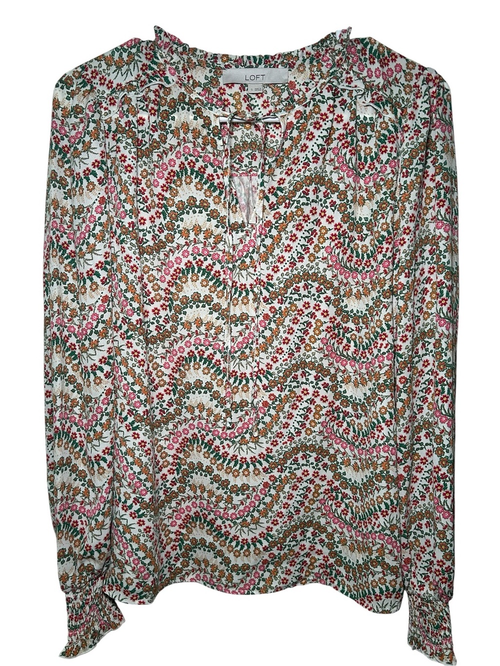 LOFT Floral Wave Print Women's Skirt Pink Green Small Fall Light Long Sleeve